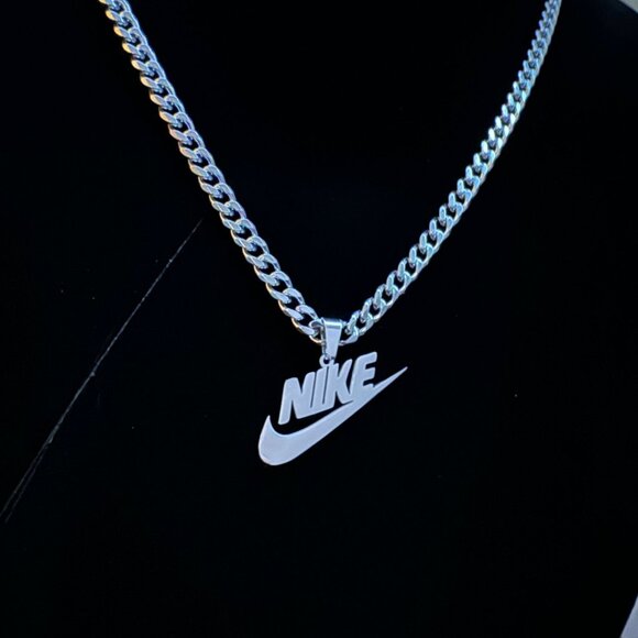 Nike Swoosh Necklace - 22 Inch Chain - 5mm Cuban - Handmade - Silver Plated - Picture 1 of 2